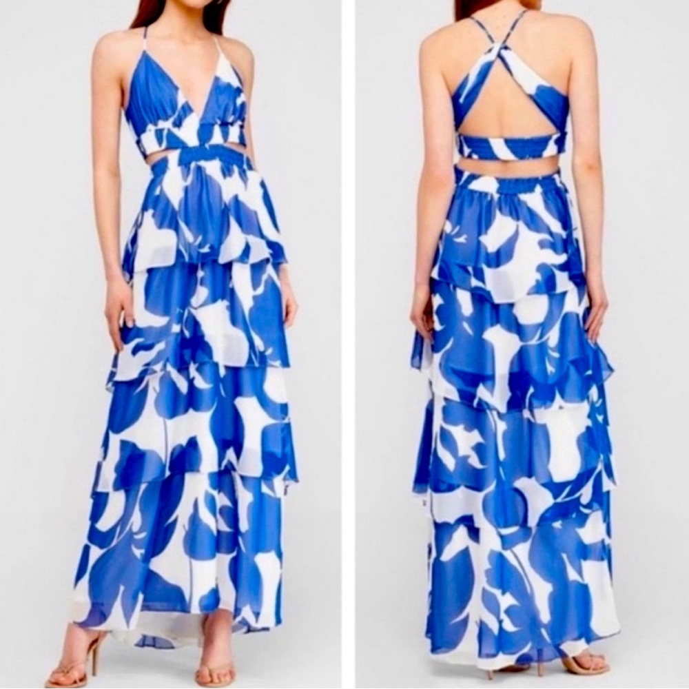 Express Cut Out Royal Blue and White Ruffle Tiered Chiffon Maxi Dress - Like New
